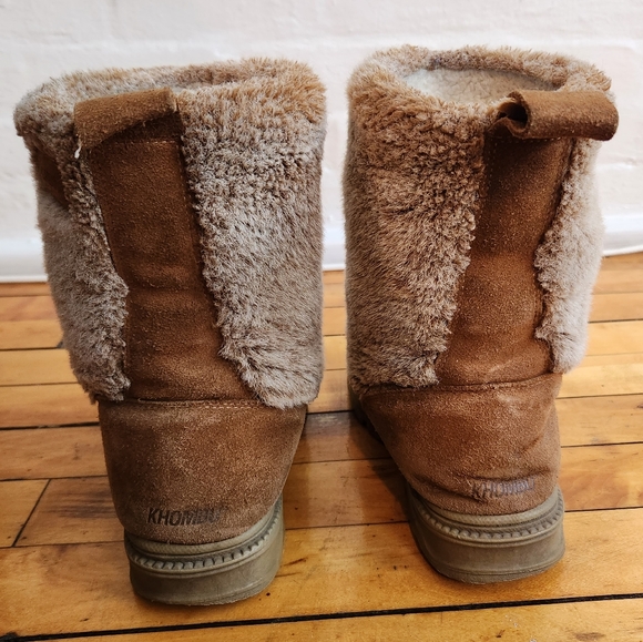 Khombu womens fuzzy boots brown leather suede 8 - Picture 7 of 8